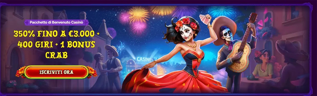 Colorful casino banner with Day of the Dead characters promoting a welcome bonus offer.