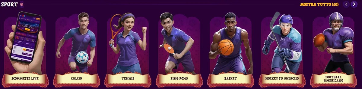 Sports betting section with live bets and icons for football, tennis, ping pong, basketball, ice hockey, and American football.