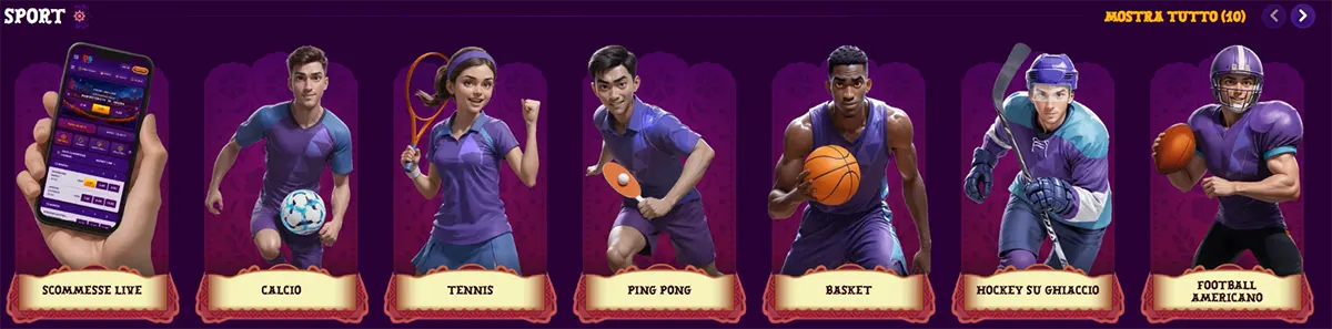 Sports betting section with live bets and icons for football, tennis, ping pong, basketball, ice hockey, and American football.