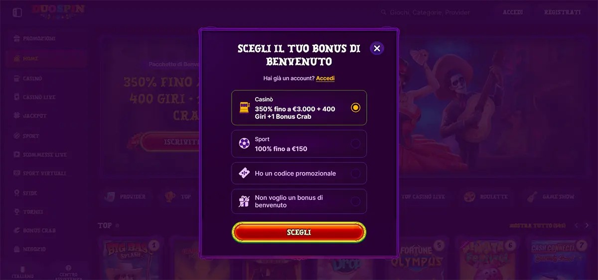 Italian welcome bonus selection popup with casino and sports bonus options.