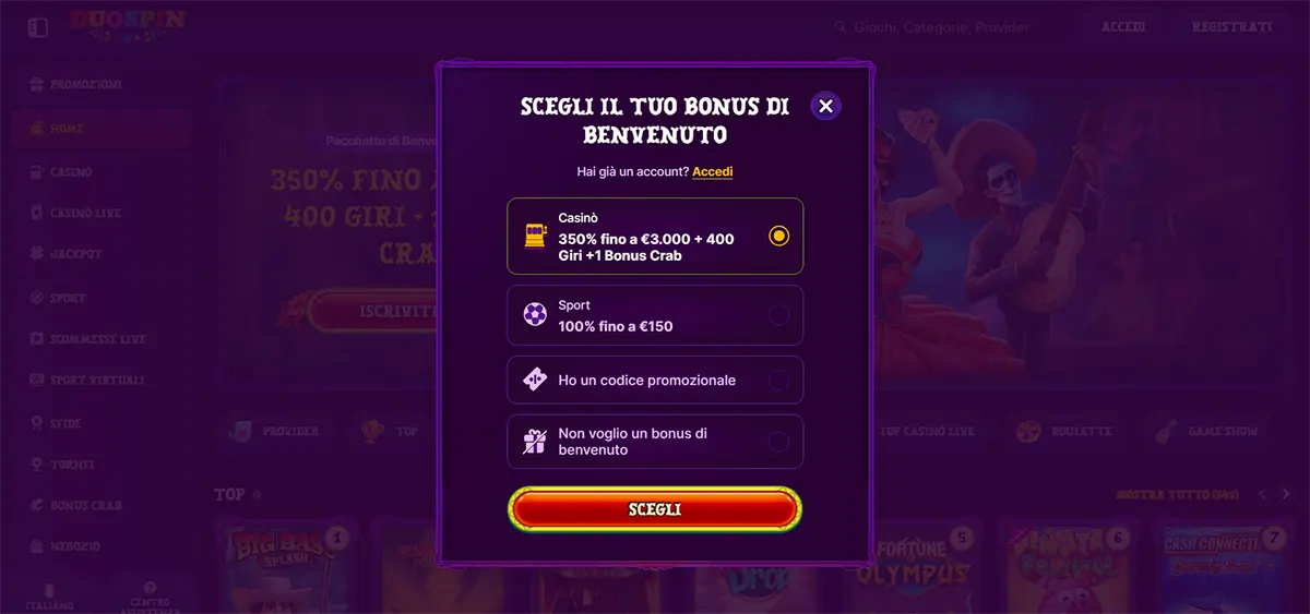 Italian welcome bonus selection popup with casino and sports bonus options.
